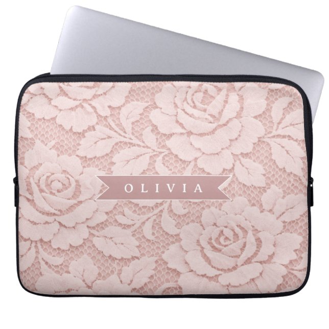 Capa Para Notebook Rosa Bege Personalizado com Renda Floral Romântica (Frente)