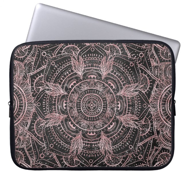 Capa Para Notebook Rosa Boho Cinza Dourada Mandala Design (Frente)