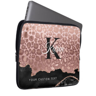 Capa Para Notebook Rosa de Monograma, Leopardo Dourado e mármore negr