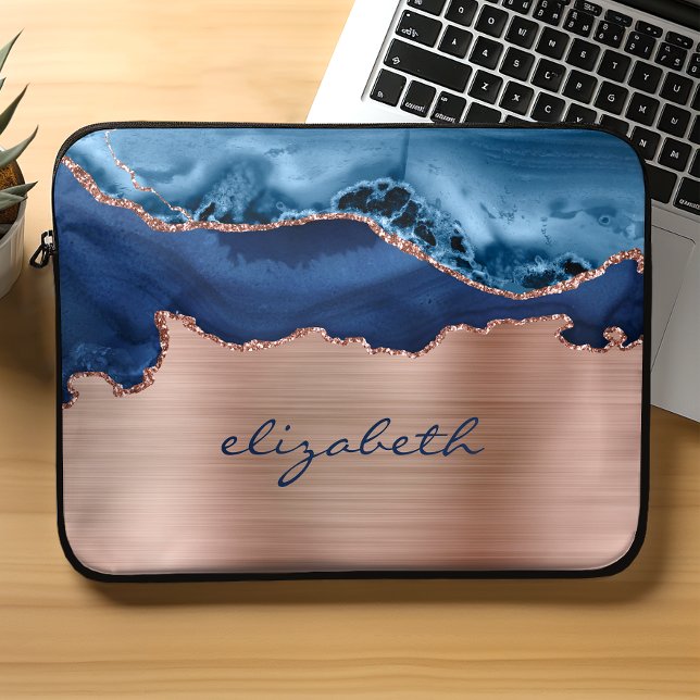 Capa Para Notebook Rosa Dourada Azul Marinho Moderno Agata Metálica (Criador carregado)
