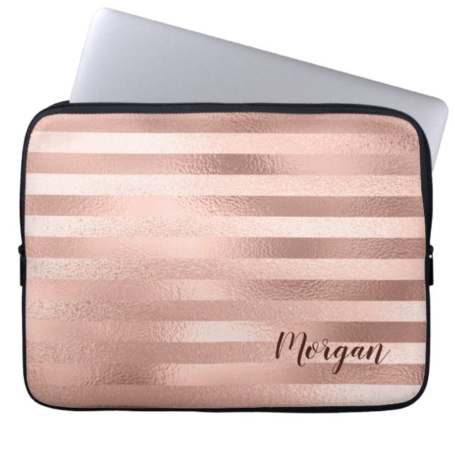 Capa Para Notebook Rosa Dourado Stripes, Nome ou Monograma, Vs 2 (Frente)