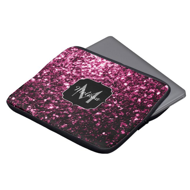 Capa Para Notebook Rosa escuro falso brilho glitter faíscas Monograma (Frente Topo)