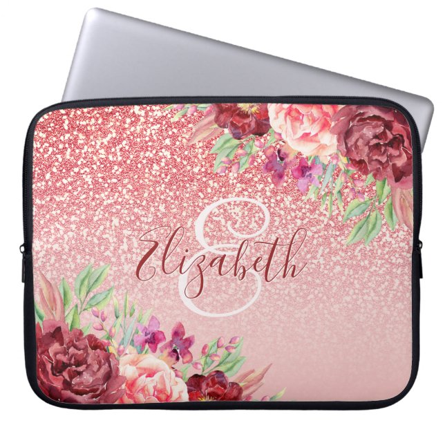 Capa Para Notebook Rosa Floral Dourado Brilhante Personalizado (Frente)