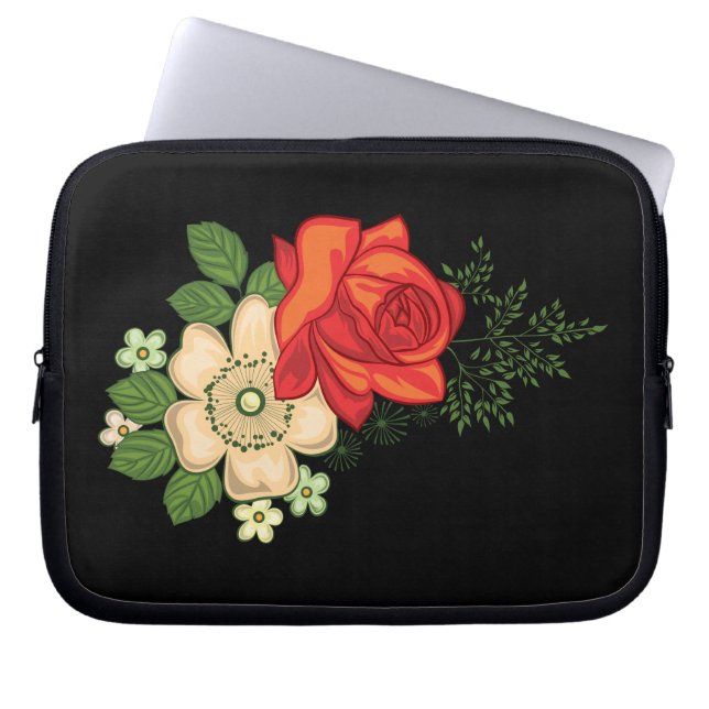 Capa Para Notebook Rosa Vermelha e Margaridas Fundo Preto (Frente)