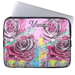 Capa Para Notebook Rosa vermelha Flor Aquarela Cor-de-Água Cor Rosa C