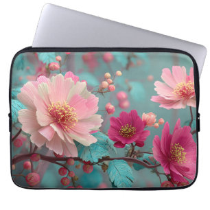 Capa Para Notebook Rosa Vibrante e Arte Floral Azul Fantasia