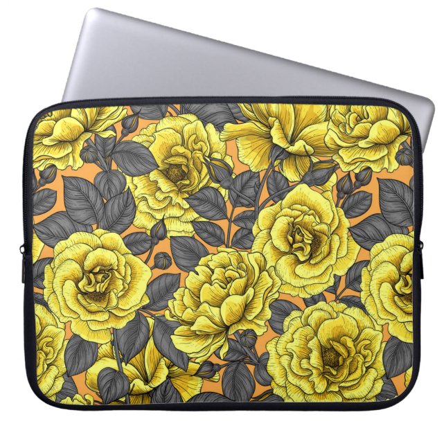 Capa Para Notebook Rosas amarelas com folhas de cinza em laranja (Frente)