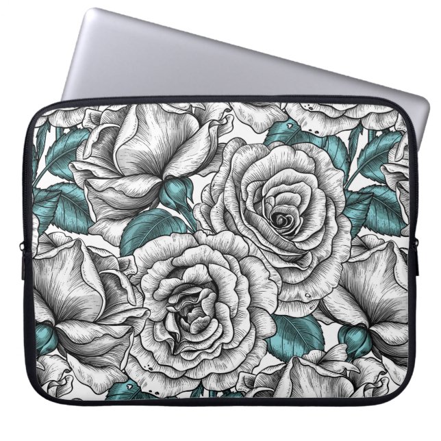 Capa Para Notebook Rosas brancas com folhas azuis (Frente)