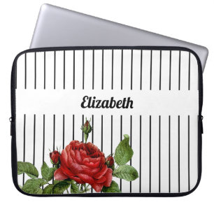 Capa Para Notebook Rosas e nome de Pinstripe preto e branco Elegante