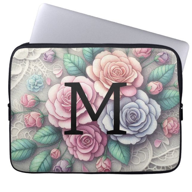 Capa Para Notebook Rosas florais cor-de-rosa púrpura, monogramas (Frente)