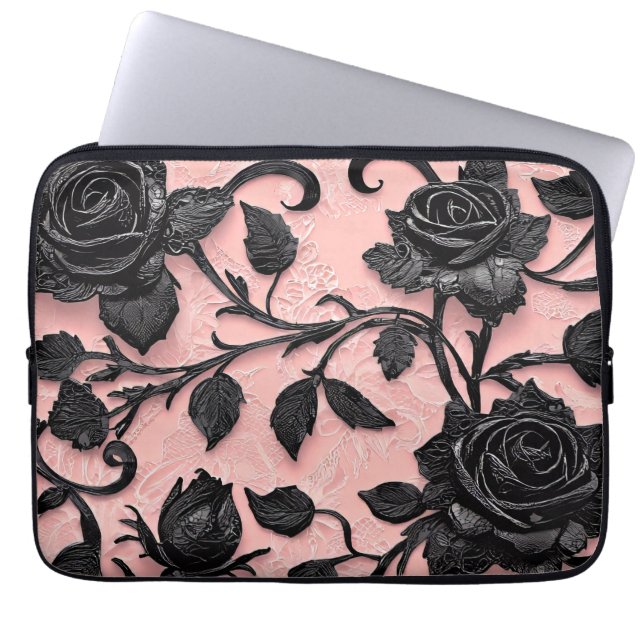 Capa Para Notebook Rosas Pretos bonito em um Fundo Rosa (Frente)