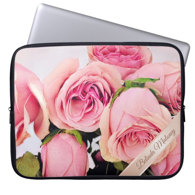 Capa Para Notebook Rosas Rosa Rosa Dourado Nome (Frente)