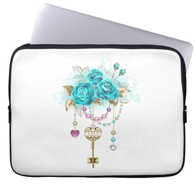 Capa Para Notebook Rosas Turquesas com Chaves (Frente)