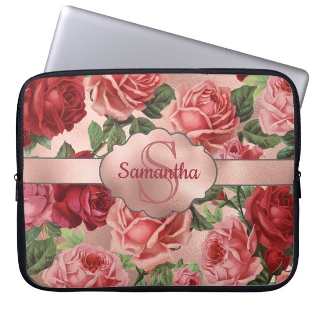 Capa Para Notebook Rosas vermelhas Rosa Elegante Monogramas Florais (Frente)