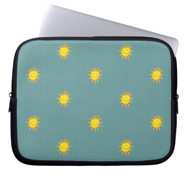 Capa Para Notebook Rosto Feliz, Gato, Sol, Padrão Teal Moderno (Frente)