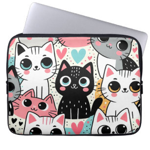 Capa Para Notebook Rostos de Gatos Kawaii Fofos e Corações Caprichoso