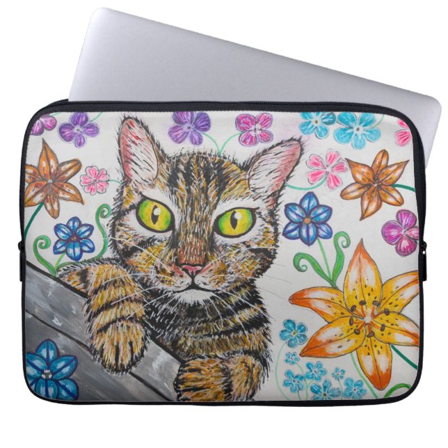 Capa Para Notebook Saco de Eletrônicos Gato Malhado e Flores (Frente)