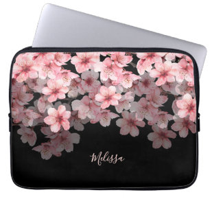 Capa Para Notebook Sakura em Aquarela Preto Rosa   Seu Nome