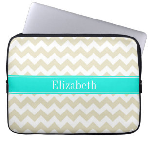 Capa Para Notebook Sand Beige White Chevron Bright Aqua Name Monogram
