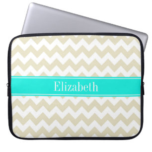 Capa Para Notebook Sand Beige White Chevron Bright Aqua Name Monogram