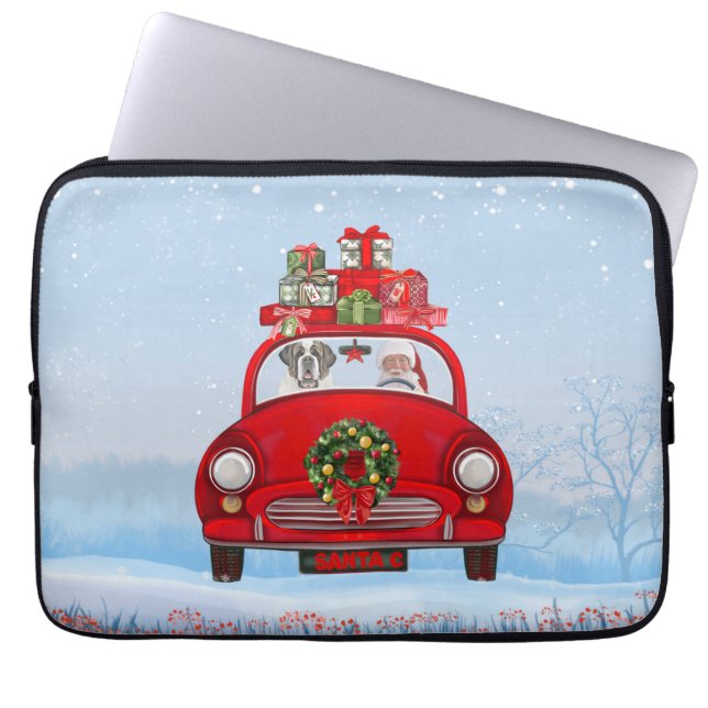 Capa Para Notebook Santo Bernard Dog No Carro Com Papai Noel (Frente)