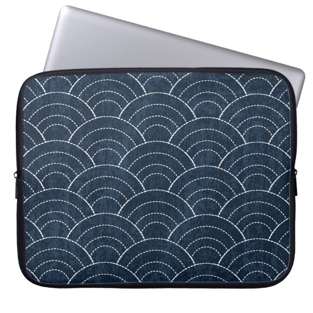 Capa Para Notebook Sashiko Embroidery: Padrão Indigo Japonês. (Frente)