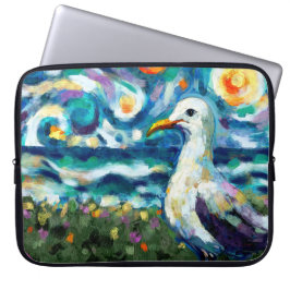 Capa Para Notebook Seagull Van Gogh Style Beach Sky Blue Teal
