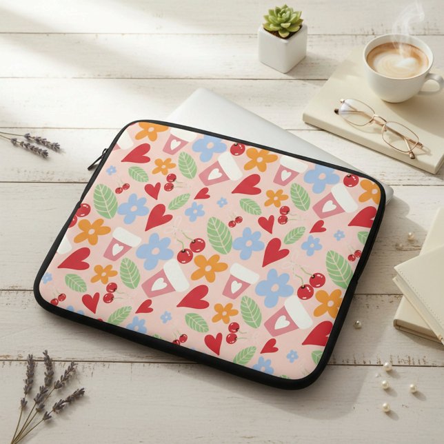 Capa Para Notebook seamless pattern with hearts,  flowers and cherrie (Criador carregado)