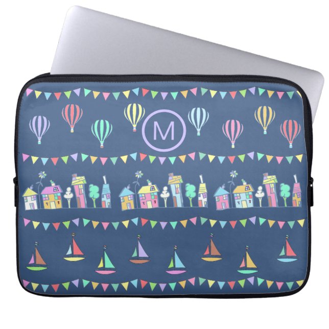 Capa Para Notebook Seaside Town Sail Boats and Bunting Monogram (Frente)