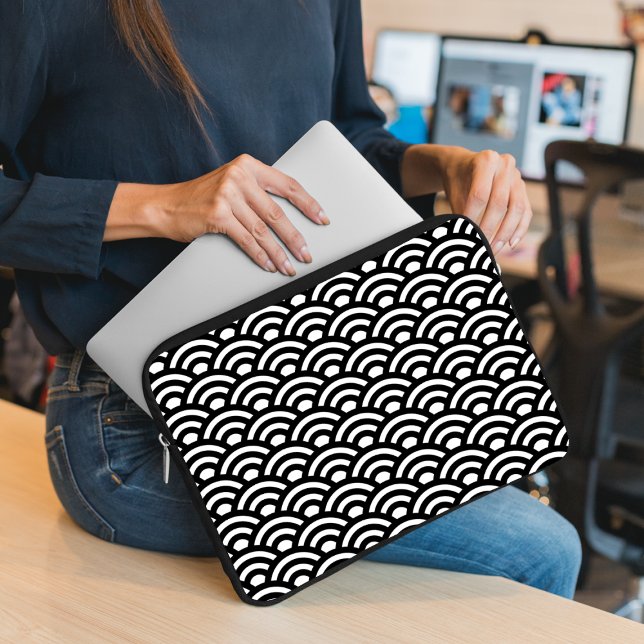 Capa Para Notebook Seigaiha, Ondas, Japonês, Preto e Branco (Criador carregado)
