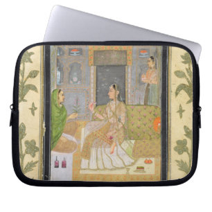Capa Para Notebook Senhora assentada em um pavilhão com assistentes,