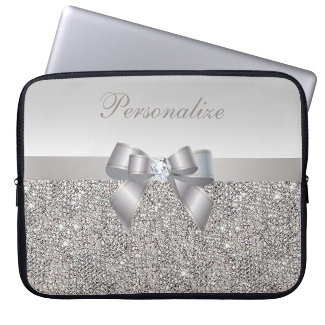 Capa Para Notebook Sequins, arco & diamante de prata personalizados (Frente)