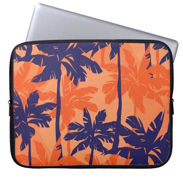Capa Para Notebook Silhueta azul de palma, fundo laranja (Frente)