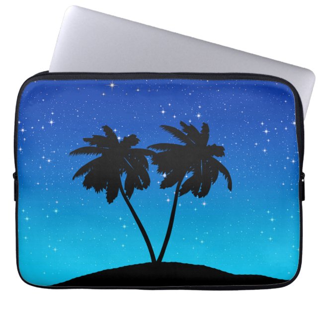 Capa Para Notebook Silhueta de palmeiras em azul noturno com estrelas (Frente)