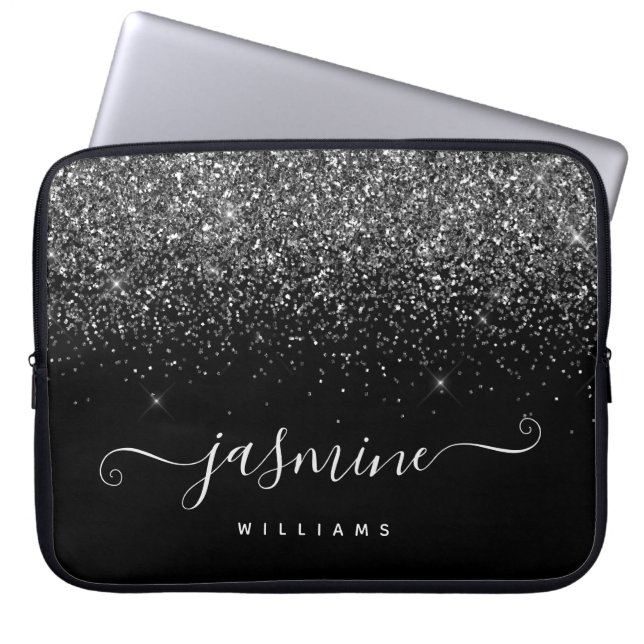 Capa Para Notebook Silver glitter name monogram on black background (Frente)