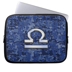 Capa Para Notebook Símbolo Libra Zodíaco na Camuflagem Digital Azul