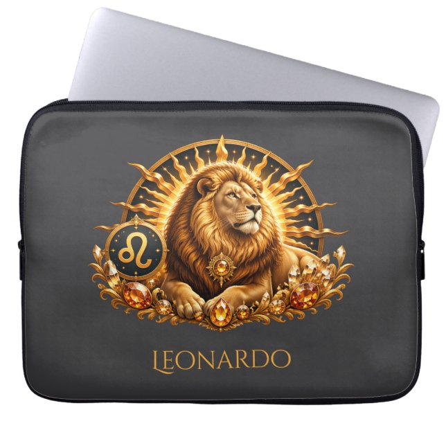 Capa Para Notebook Sinal do Zodíaco Leão Cinza Dourado Personalizado (Frente)