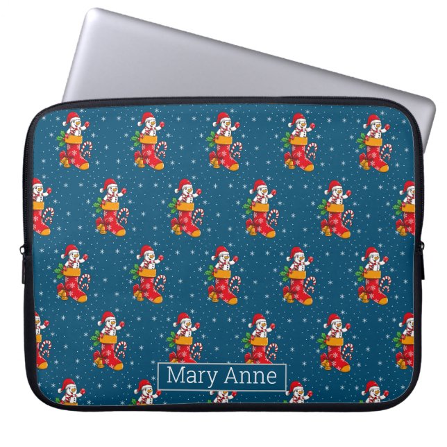 Capa Para Notebook Snowman Flocos de neve Padrão de Natal Azul (Frente)