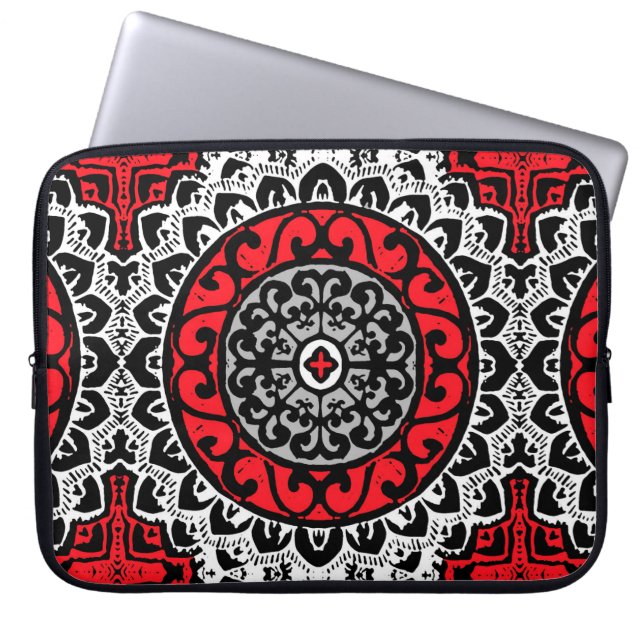 Capa Para Notebook Sol do Sudoeste Mandala Batik, Vermelho, Preto e B (Frente)