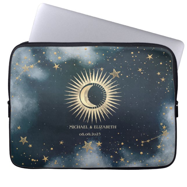 Capa Para Notebook Sol Dourado Celestial,Lua,Estrelas Céu Noturno (Frente)