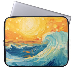Capa Para Notebook Sol e ondas de pintura a óleo costeiro