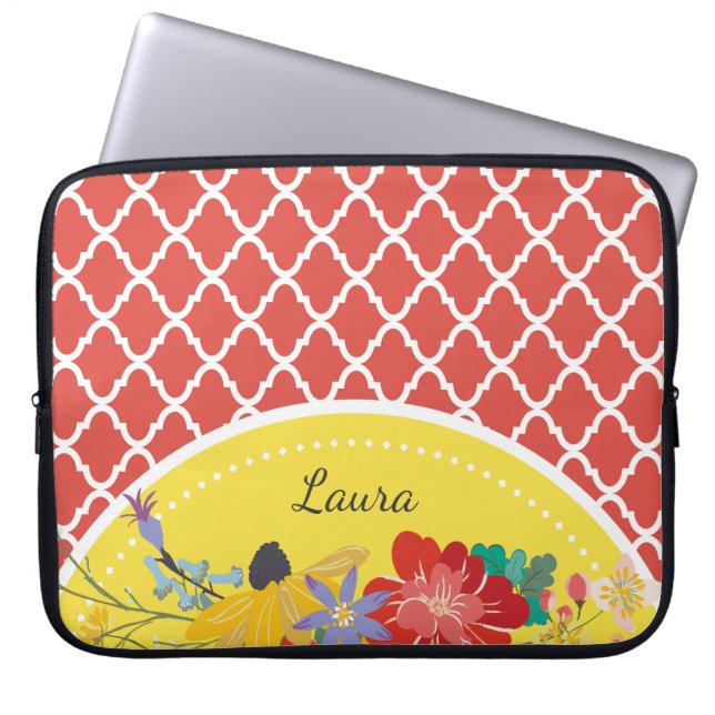 Capa Para Notebook Summer Fiesta Red Floral Quatrefoil Com Nome (Frente)