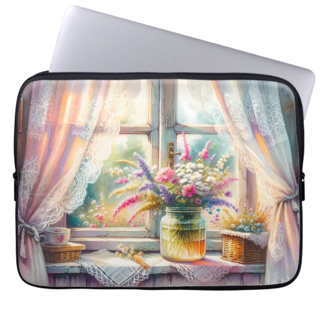 Capa Para Notebook Sunlit Cottage Window Wildflowers (Frente)