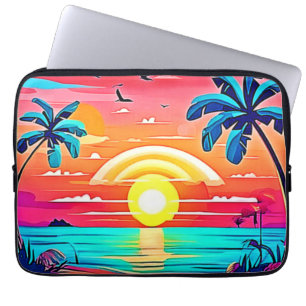 Capa Para Notebook Sunset de praia tropical com arco-íris