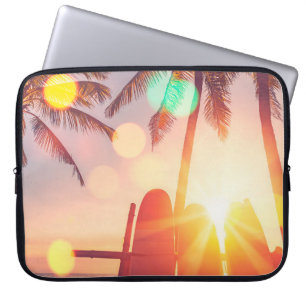 Capa Para Notebook Surfboard e palmeira na praia em dupla exposição