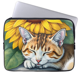 Capa Para Notebook Sweet Sleepy Kitty Cat and Sunflowers