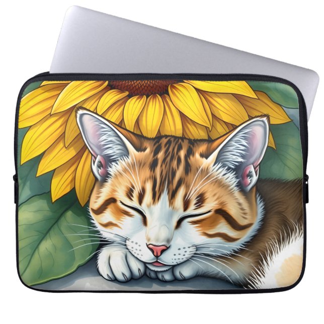 Capa Para Notebook Sweet Sleepy Kitty Cat and Sunflowers (Frente)