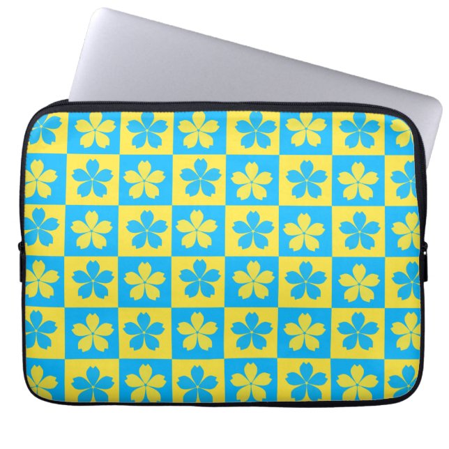 Capa Para Notebook Tabuleiro xadrez floral amarelo e azul (Frente)