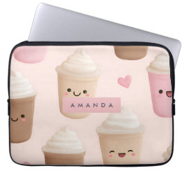 Capa Para Notebook Taça de café Kawaii, rosa-branca personalizada