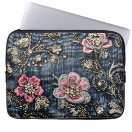Capa Para Notebook Tapeçaria Floral Rosa no Negro Azul Denim